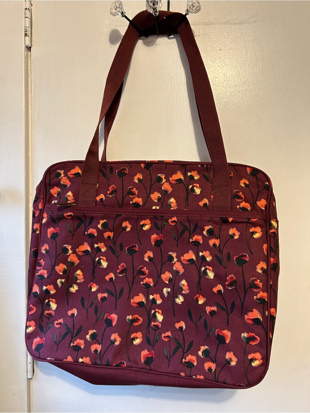 thirty-one Burgundy Floral Travel Tote with Orange and Pink Accents